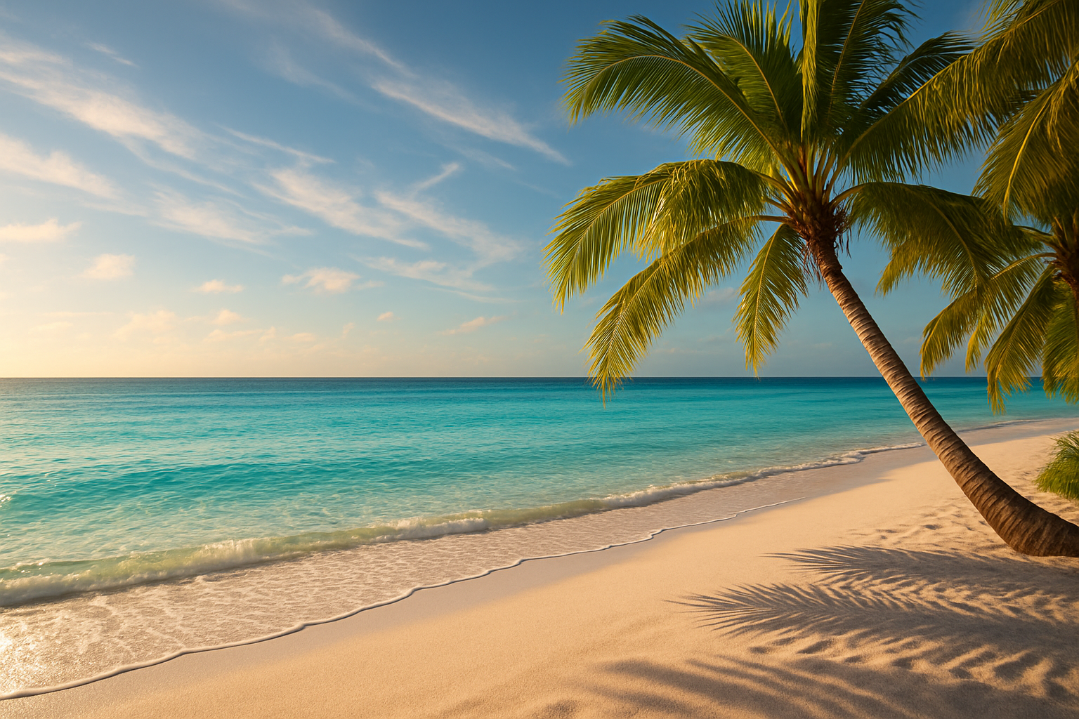 Ultrarealistisches, breites Bannerbild. Kristallklares türkisfarbenes Wasser wie auf den Malediven, sanfte Wellen mit glitzernden Sonnenreflexen. Im Vordergrund weißer Sandstrand, daneben elegante Palmen, die sich leicht im Wind bewegen. Tropisches Panorama mit leuchtend blauem Himmel und weichem Horizont. Stimmung: luxuriös, erfrischend und paradiesisch – perfekt als heroisches Bannerbild